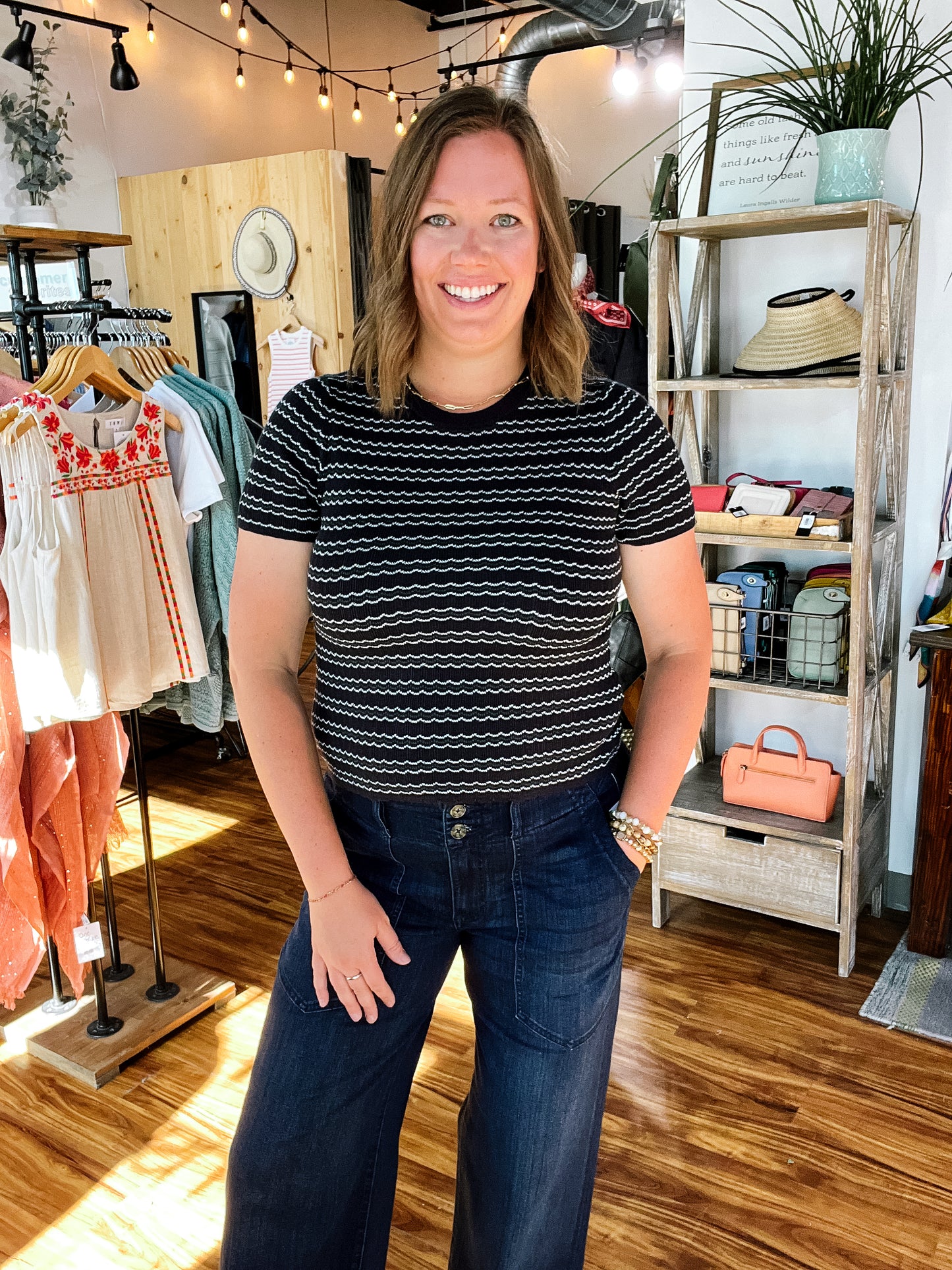 Navy Textured Stripe Short Sleeve Sweater Top