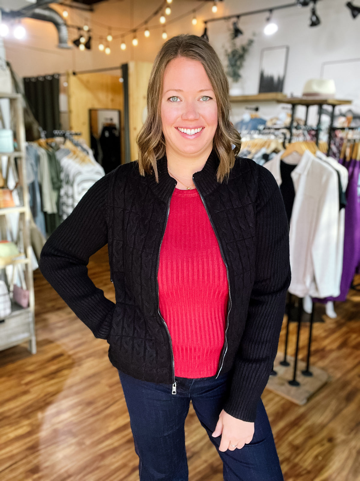 Black Zip Front Quilted Sweater Jacket