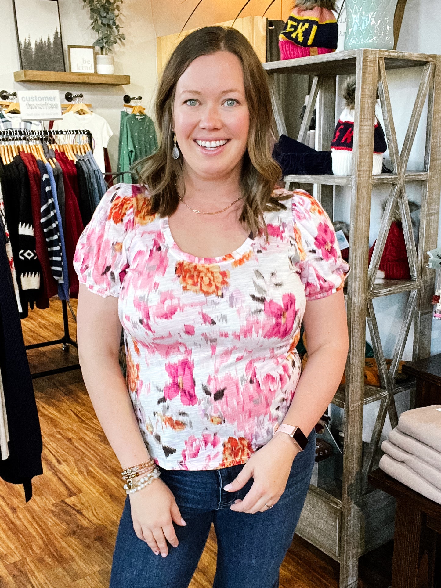 Ivory With Pink Floral Puff Sleeve Top