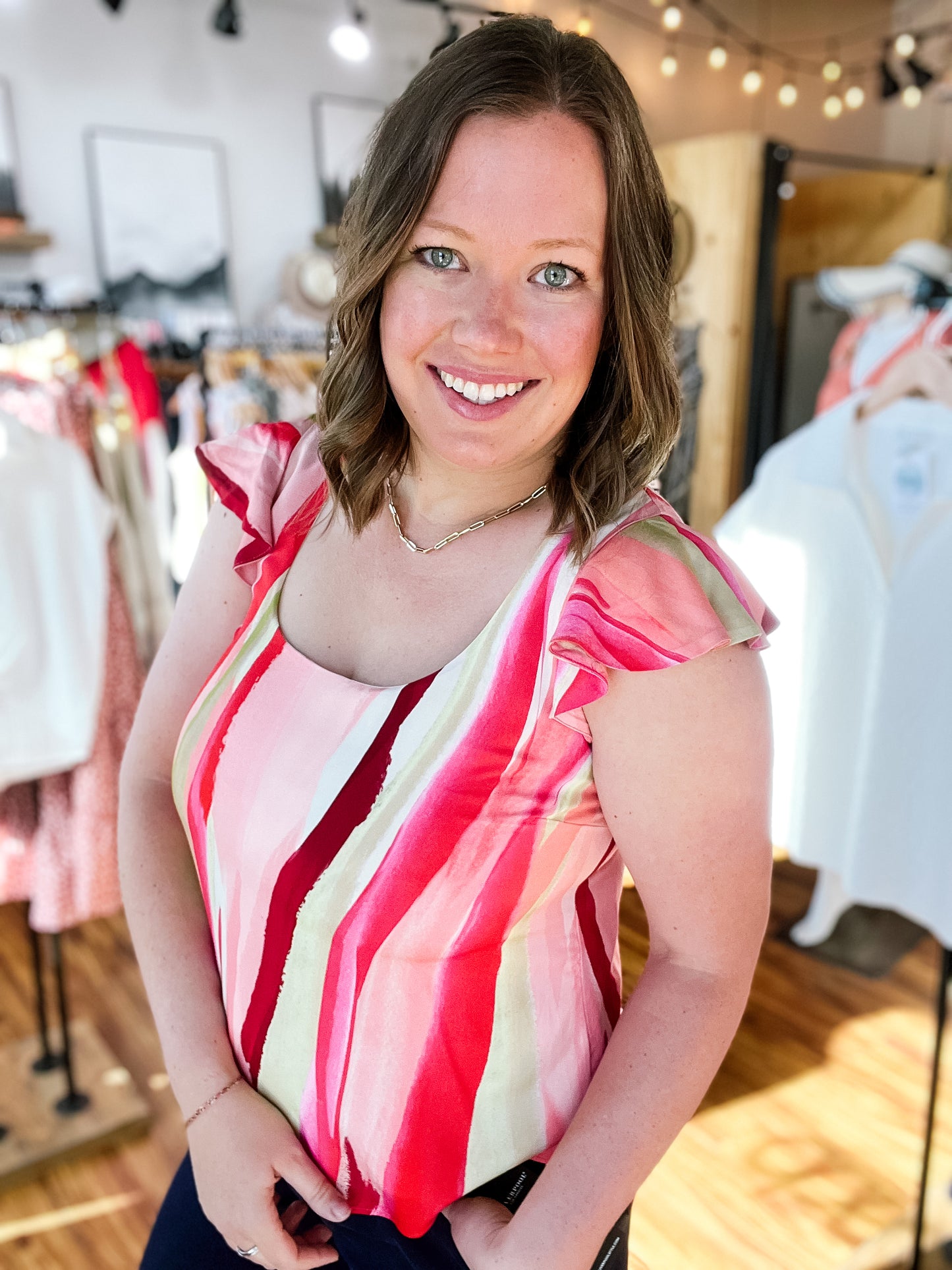 Pink Multi Stripe Flutter Sleeve Top