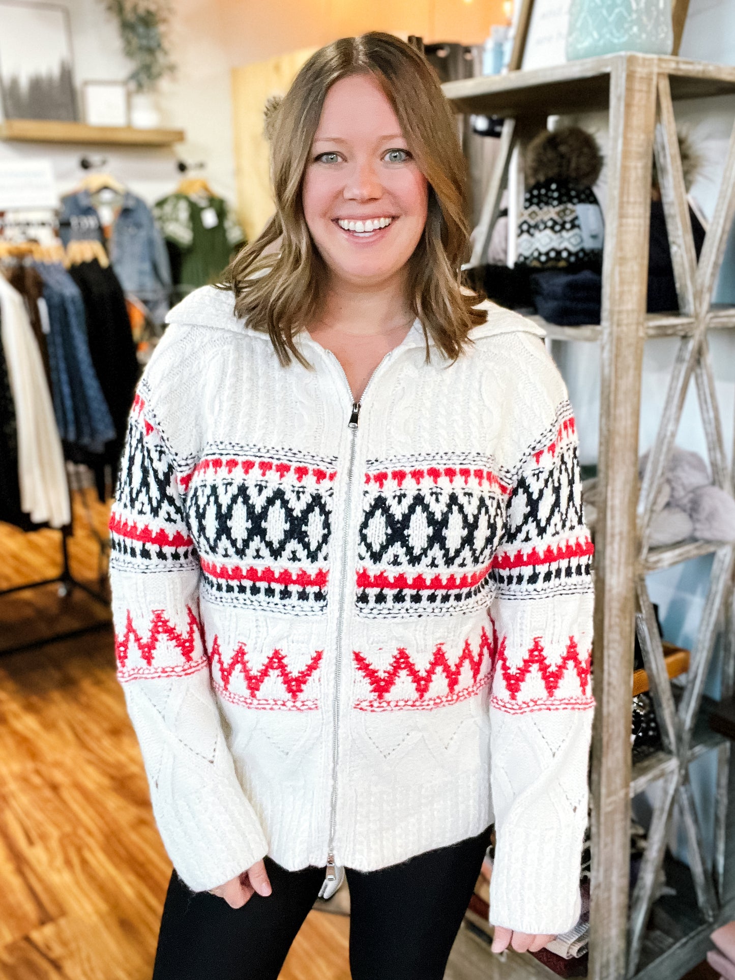 Ivory W/Red And Navy Zip Front Sweater