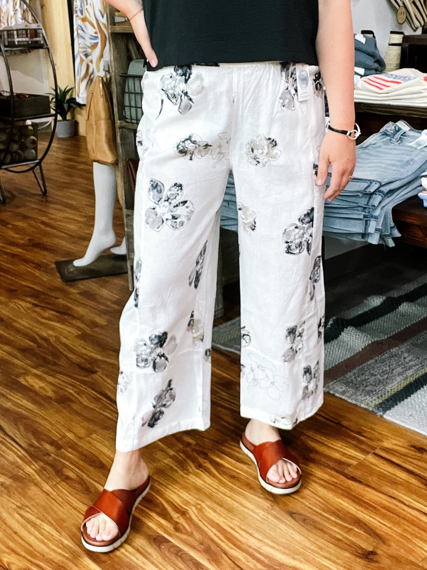 White Floral Linen Pant