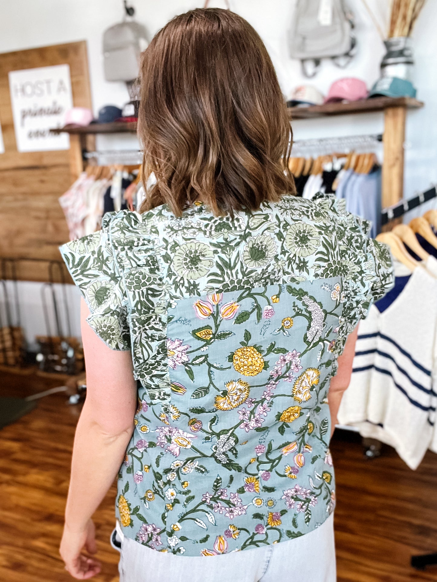 Green Floral Print W/Tassles Top