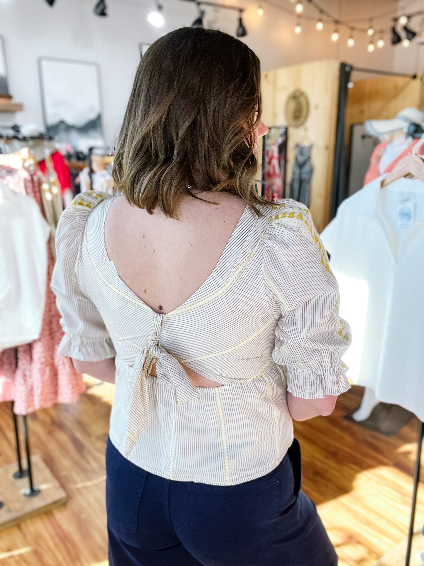 Cream & Brown Stripe Square Neck Top