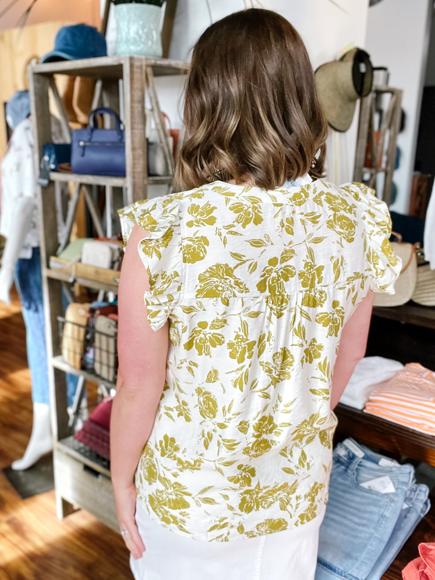 Golden Floral Ruffle Sleeve Top