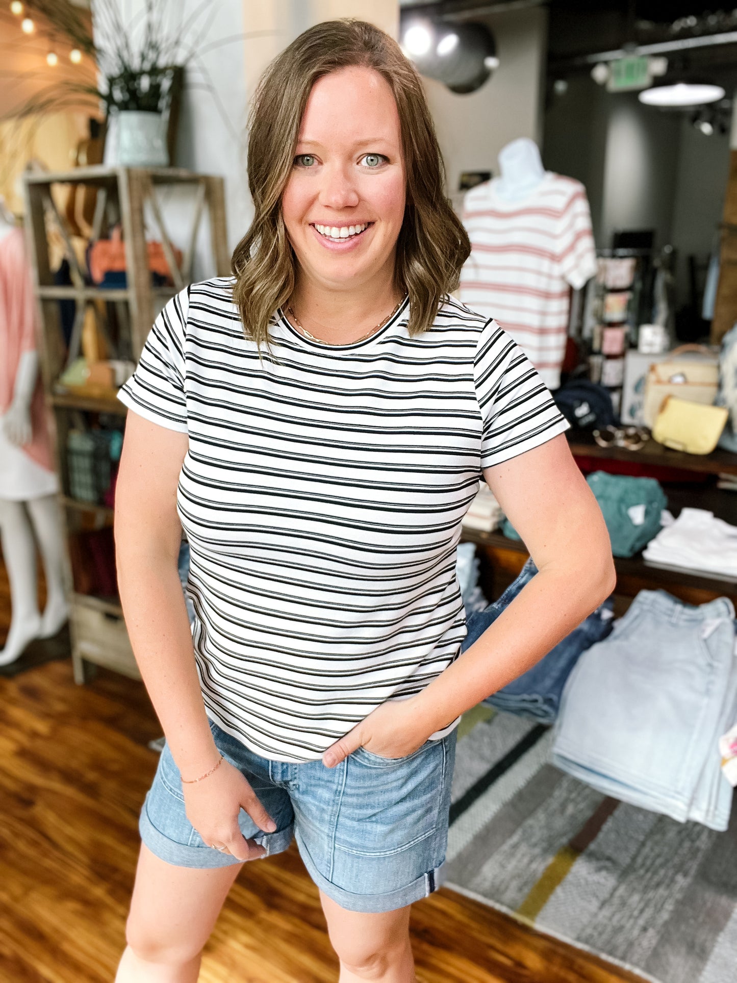 White W/ Black Stripes Slim Fit Tee