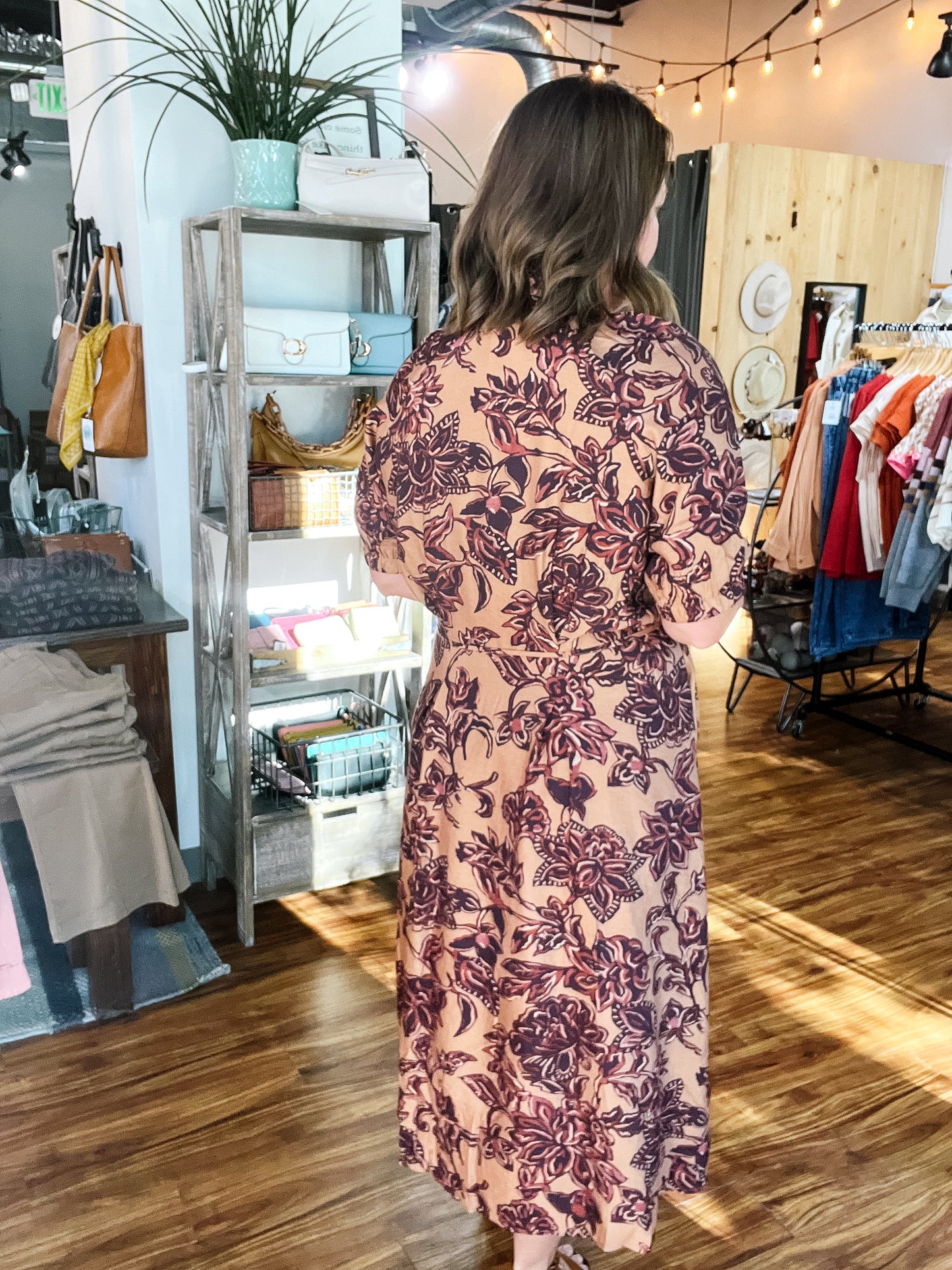 Brown Tie Waist Floral Print Dress