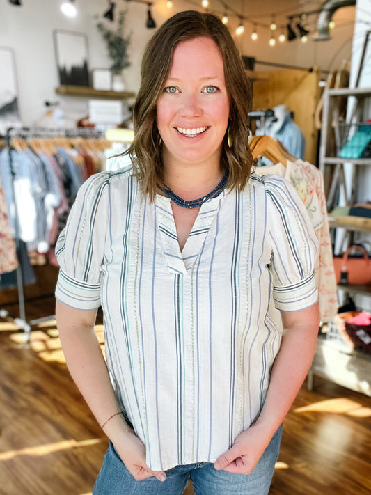 Cream & Blue Mixed Stripe Popover Top