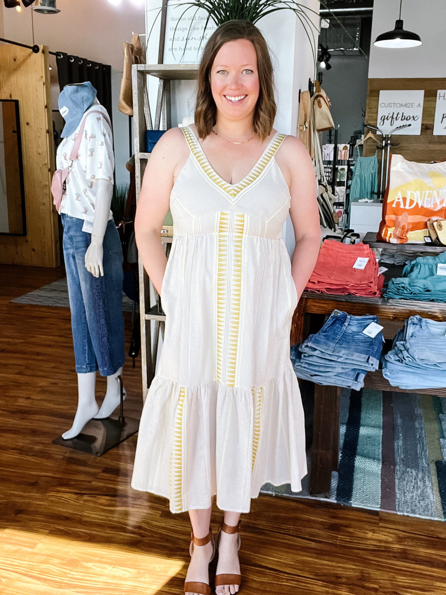 Cream & Brown Stripe Tank Midi Dress