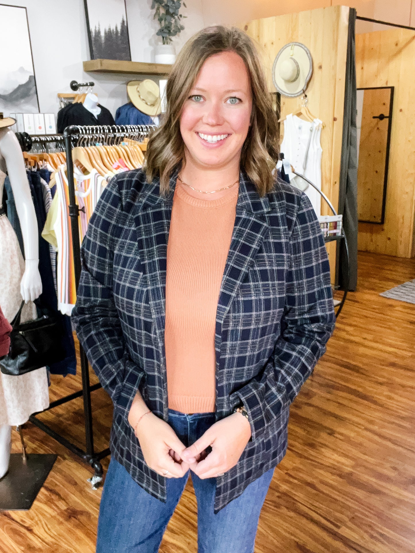 Navy Plaid Boyfriend Blazer