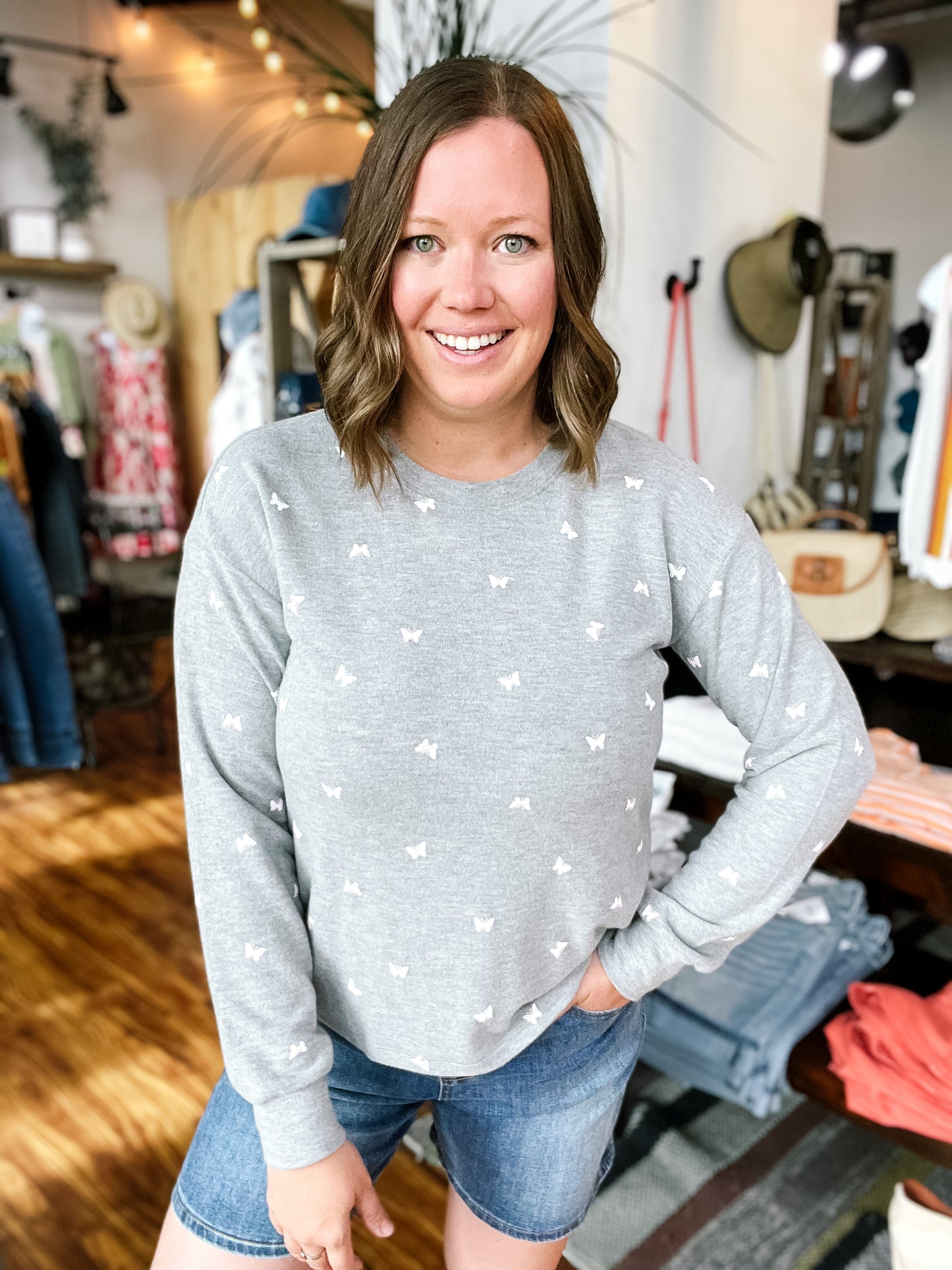 Heather Gray Butterfly Long Sleeve Top