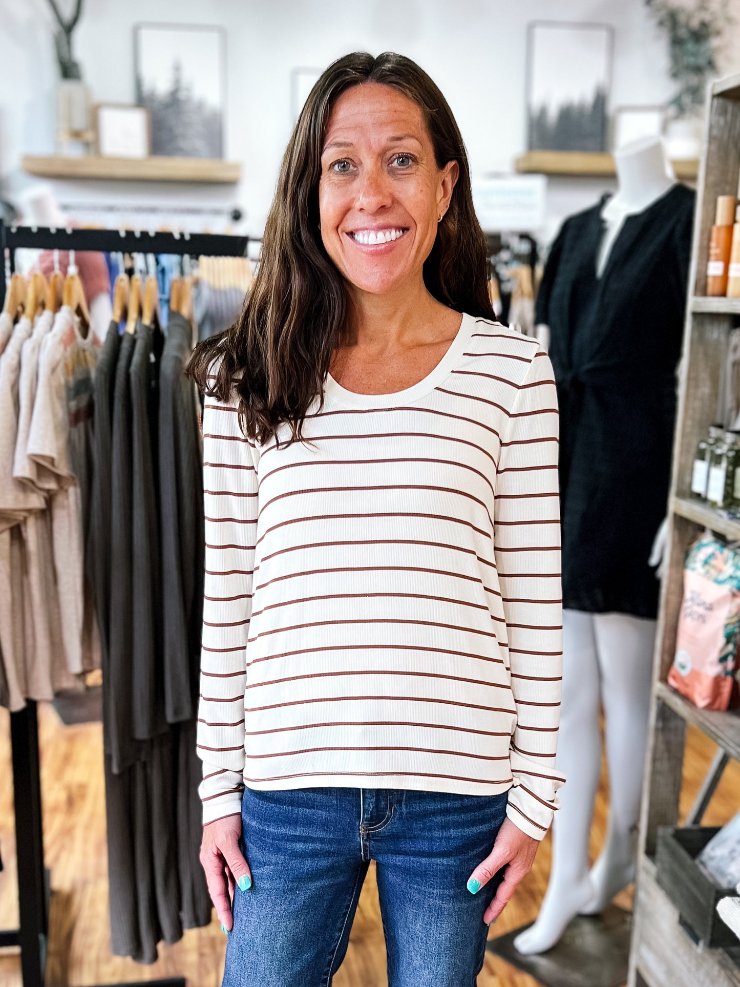 Off White W/Brown Stripe Scoop Neck Shirt