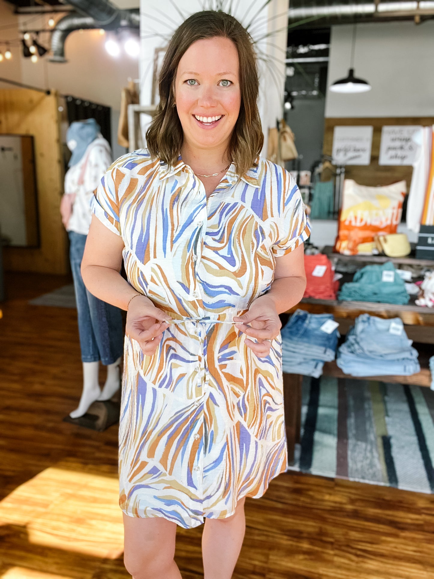 Blue, Cream & Gold Print Dress