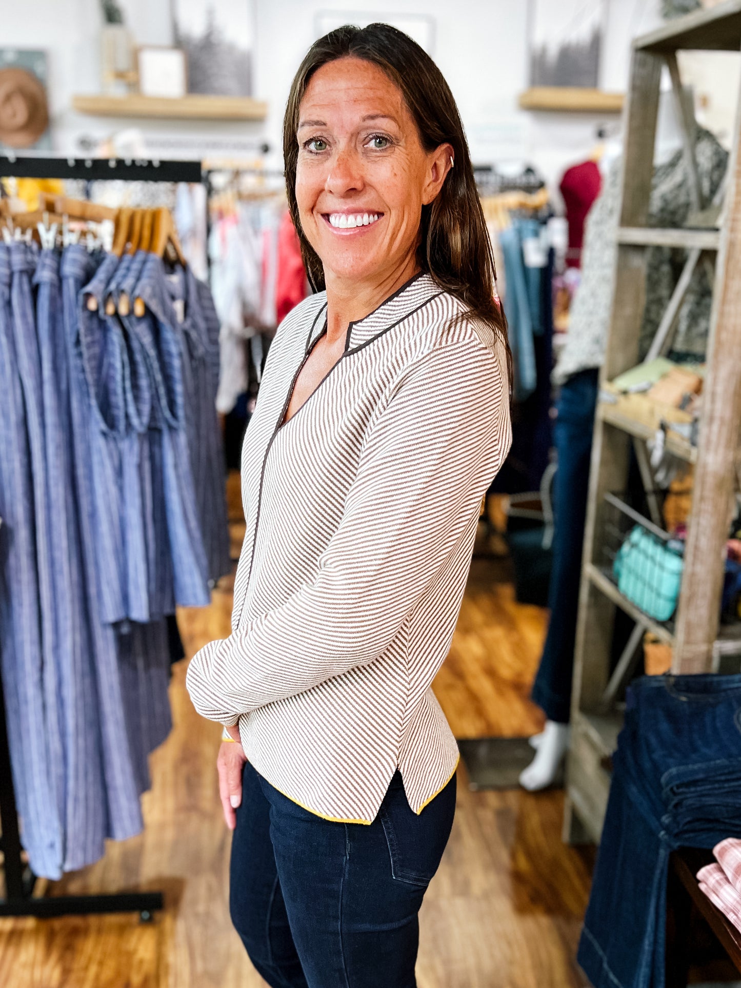 Brown/Ivory Stripe Split Neck Sweater