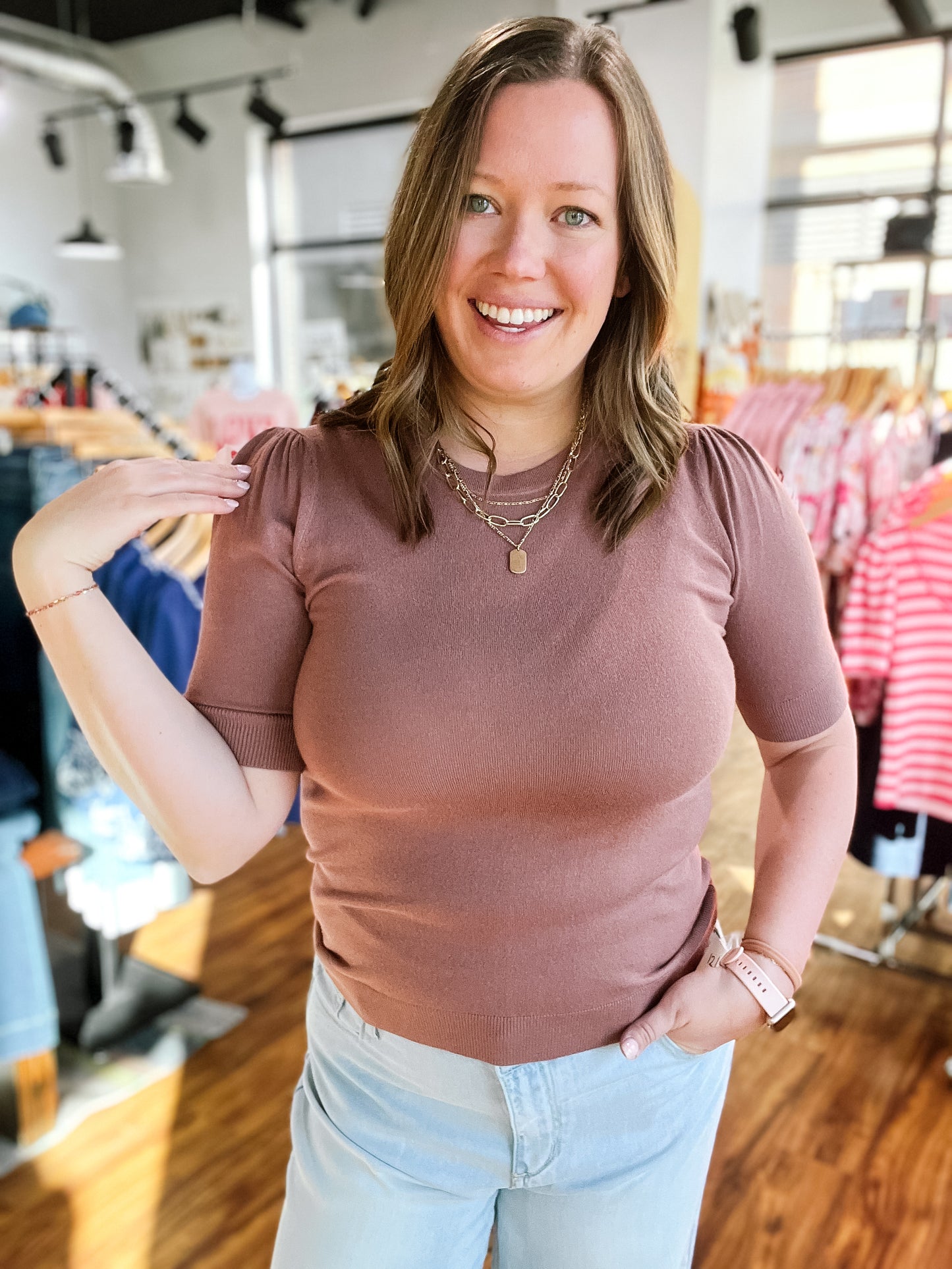 Brown Puff Short Sleeve Sweater