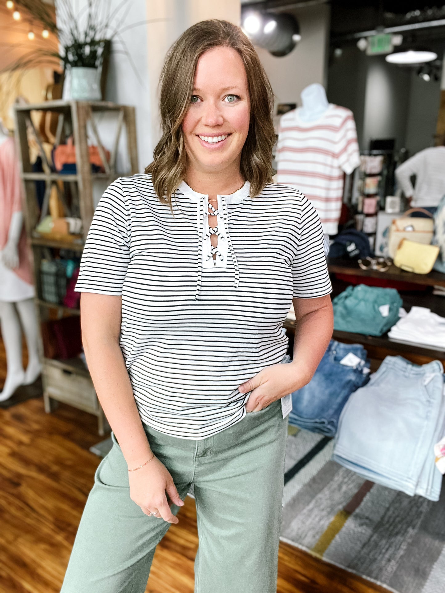Cream W/Black Stripe Lace Up Top