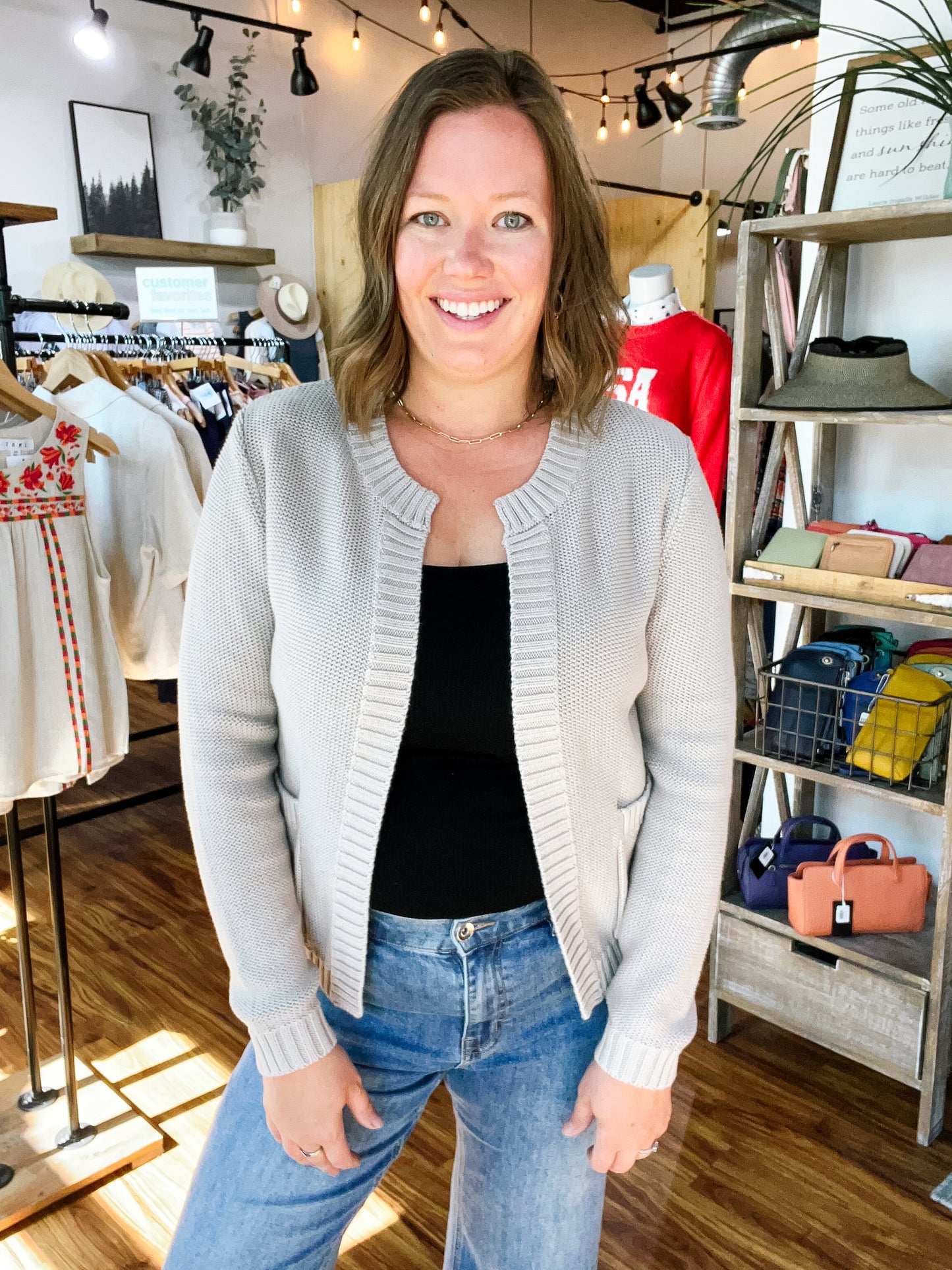 Beige Open Front Cardigan