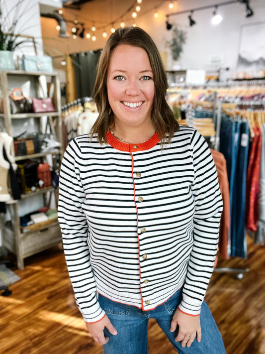 Ivory w/ Black & Orange Accent Stripe Cardigan