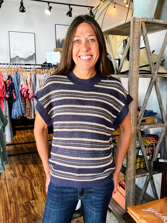 Navy & Brown Stripe Short Sleeve Sweater