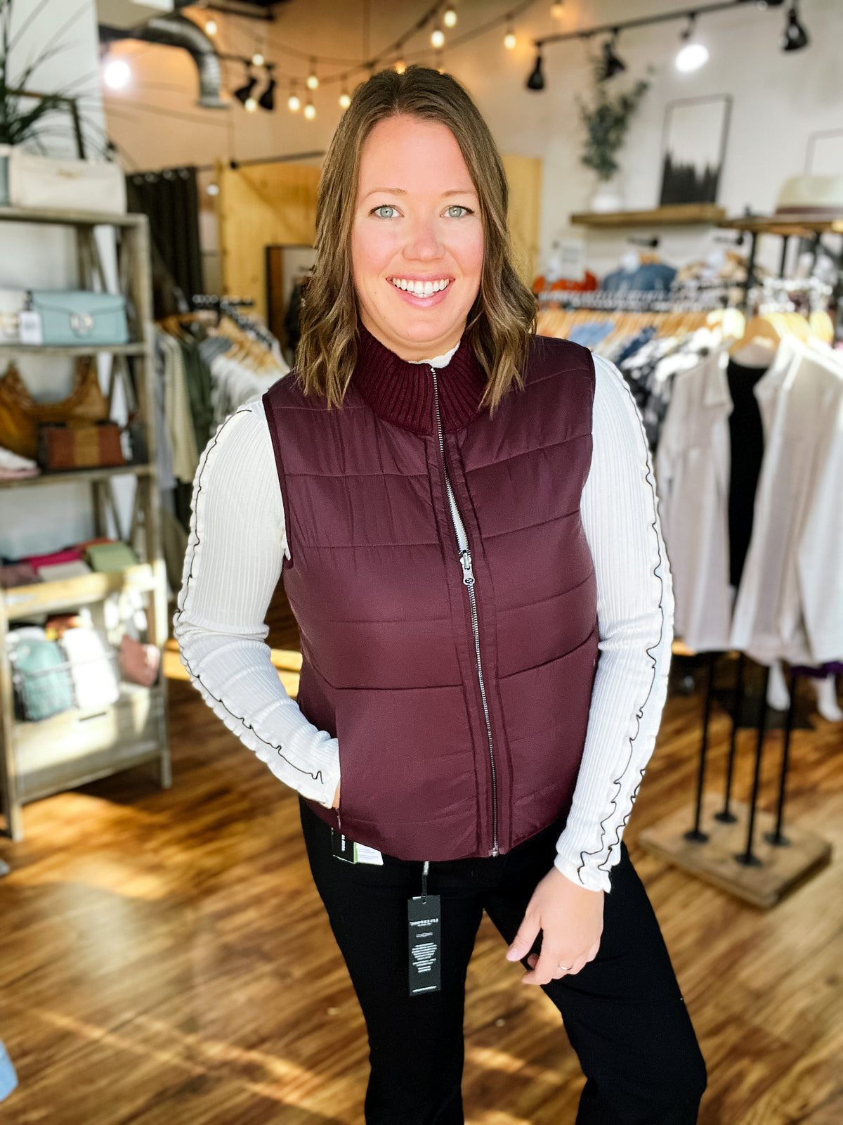 Plum Reversible Cable Knit Puffer Vest