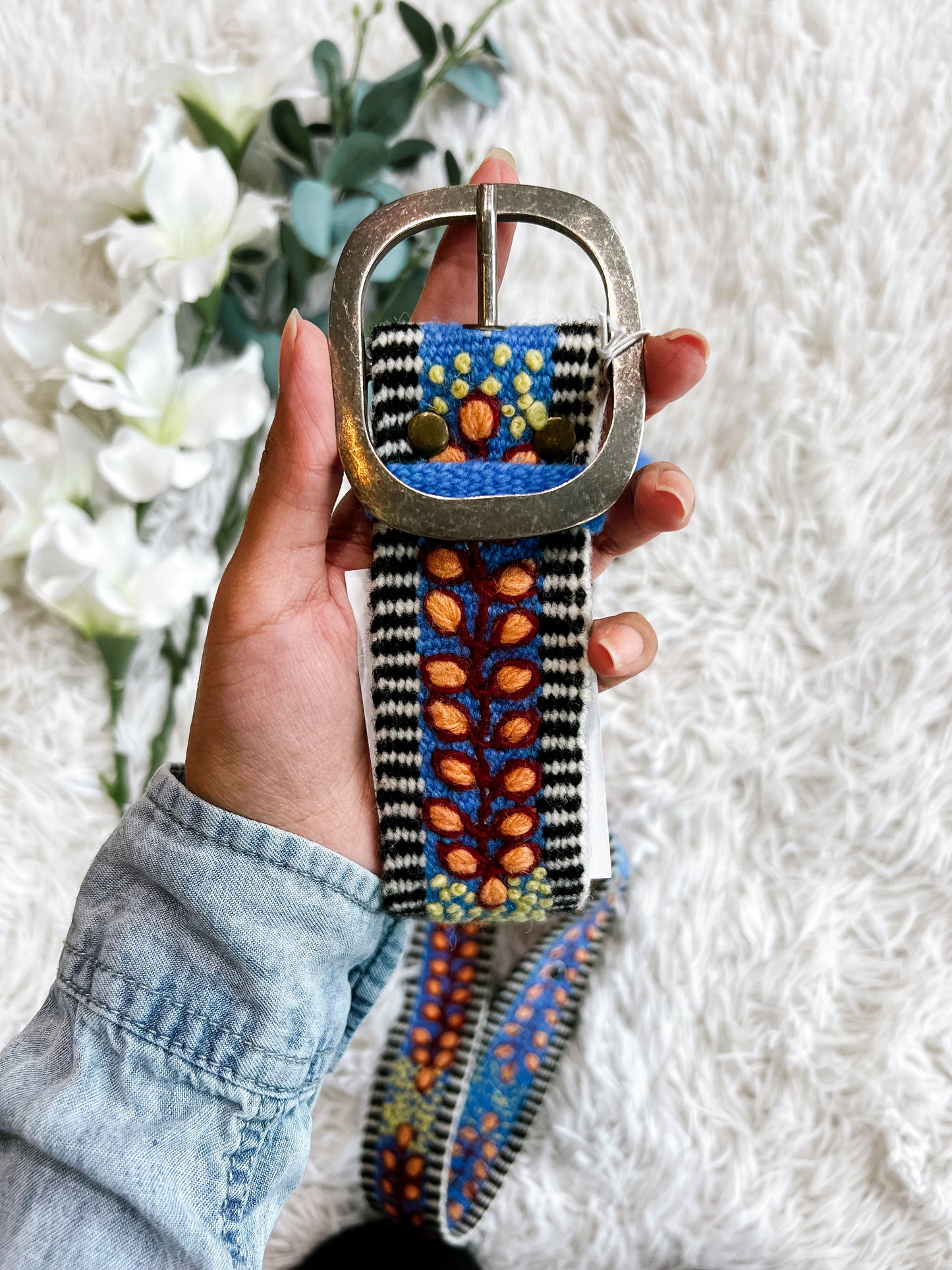 Floral & Stripe Embroidered Wool Belt