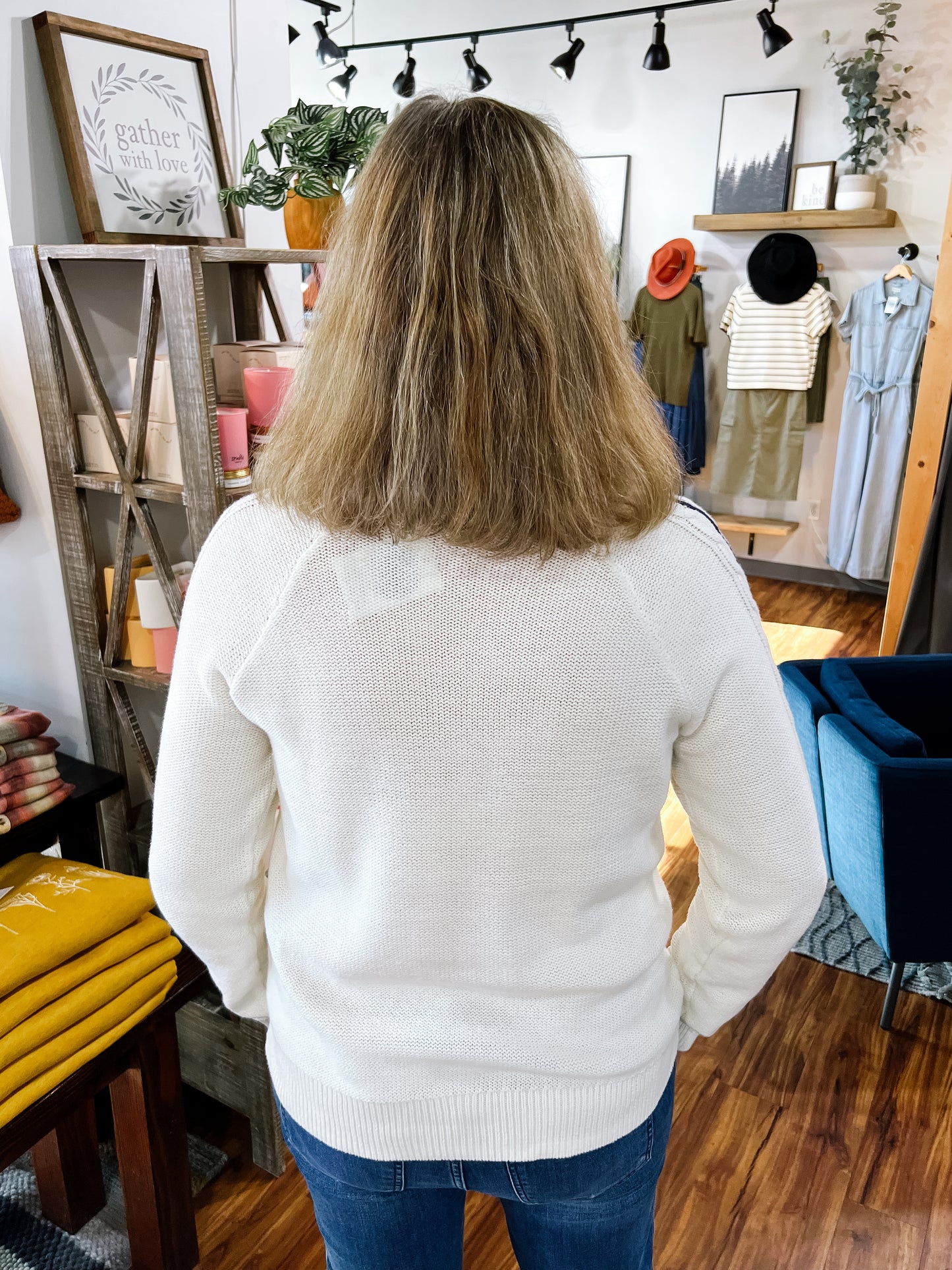 Off White W/ Navy Stitch Detail Sweater