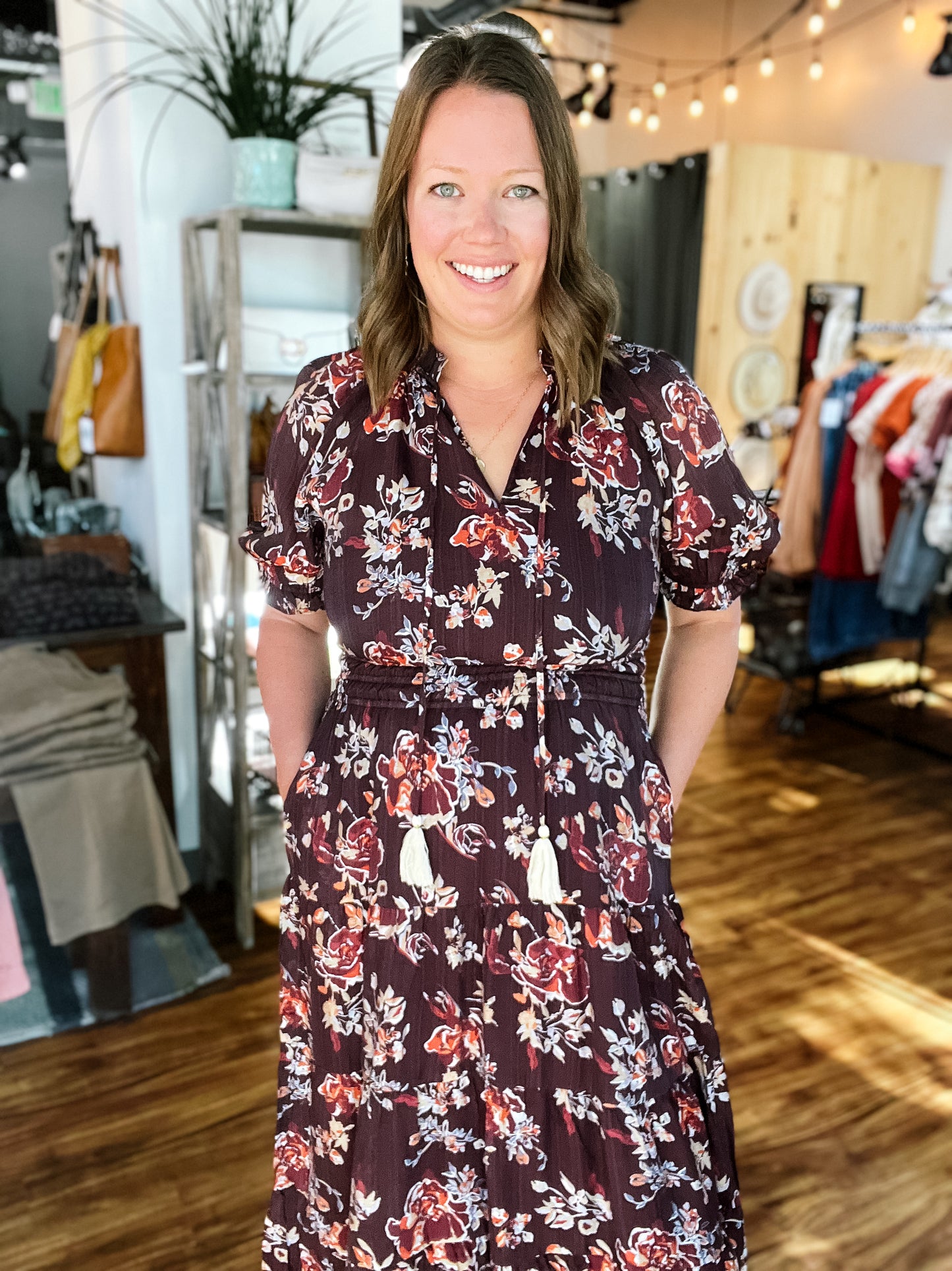 Burgundy Short Sleeve Floral Maxi Dress