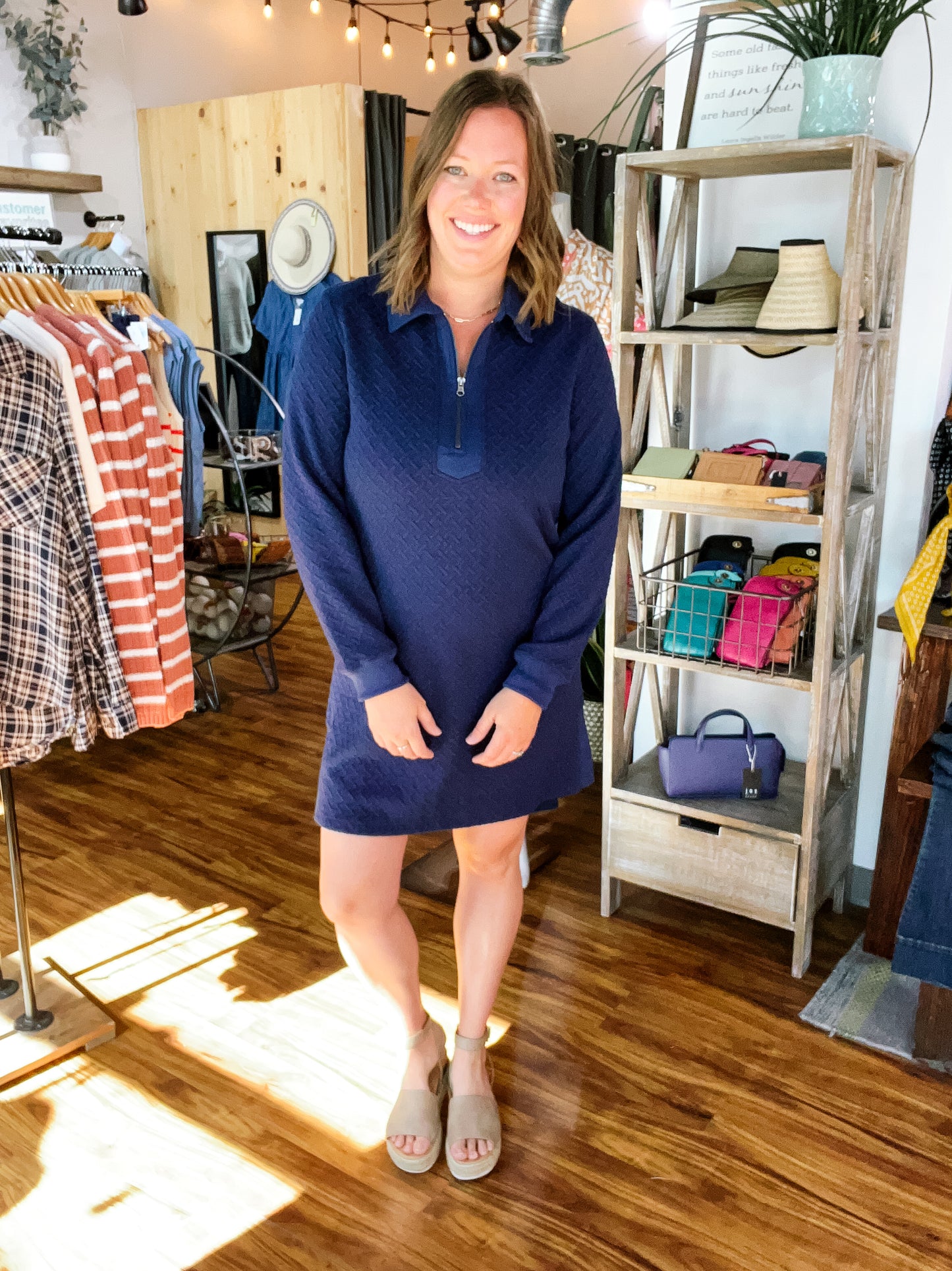 Navy Zip Collar Long Sleeve Dress