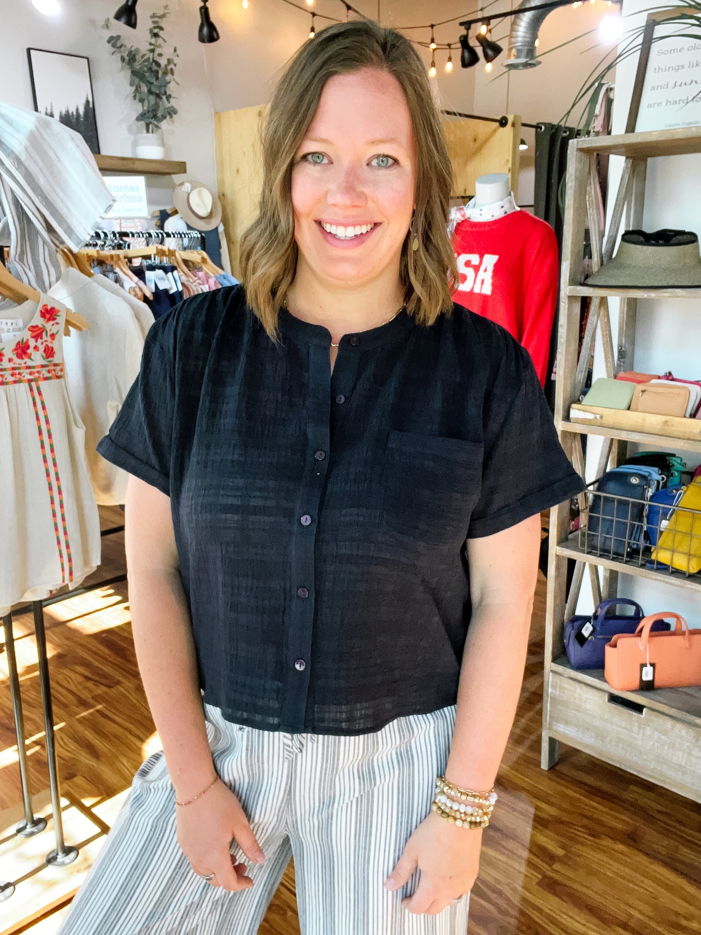 Black Button Front Top W/ Patch Pocket