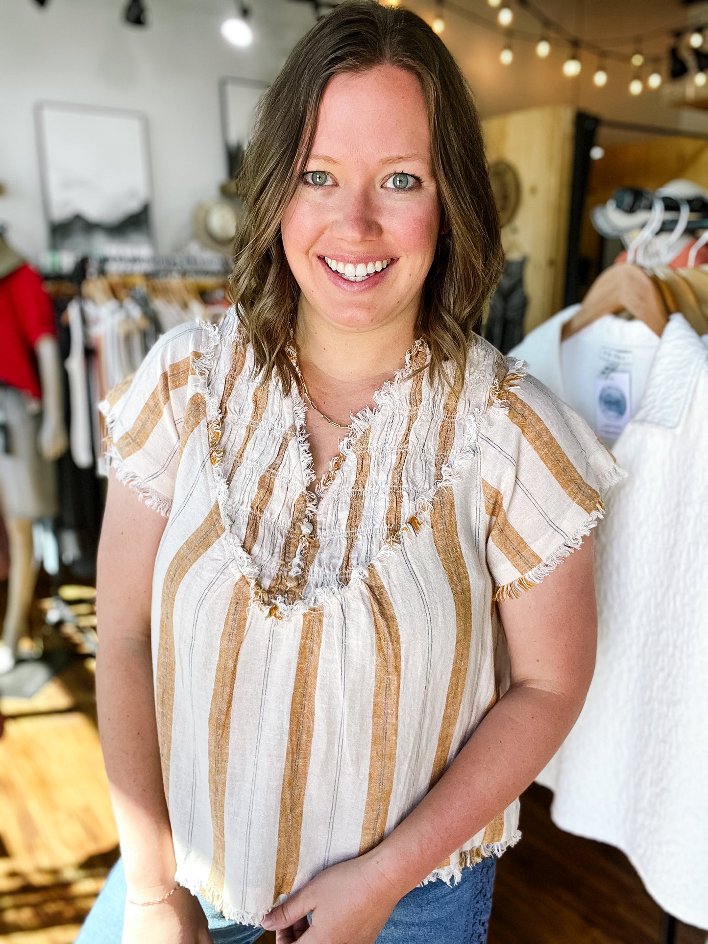 Tan Stripe Raw Edge Top