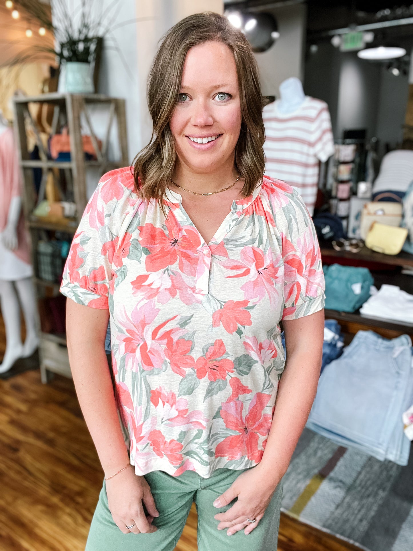 Beige W/Floral Henley Top