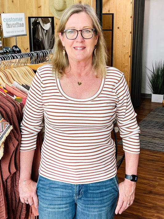 Rust And Cream Stripe Scoop Neck Top