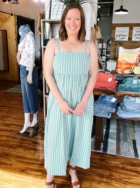 Green & White Stripe Midi Tank Dress