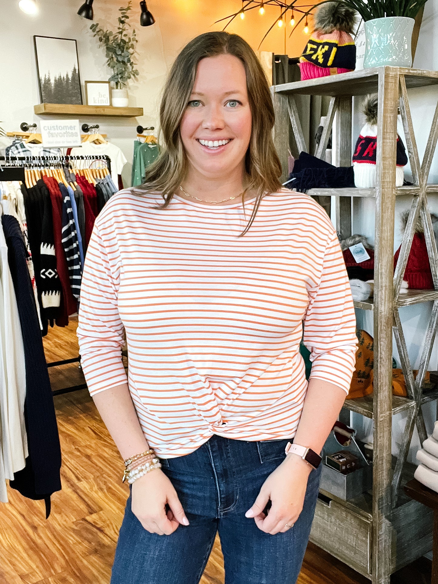 White & Orange Stripe Twist Front Top