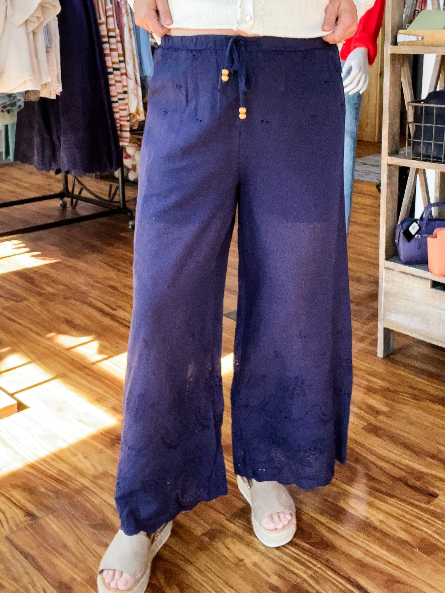 Navy Eyelet Pants