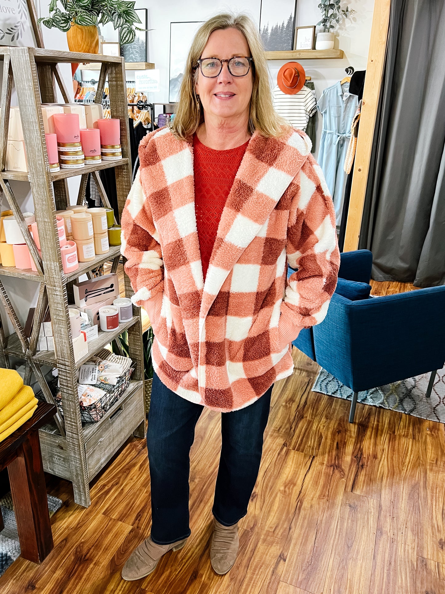 Pink Check Sherpa Hooded Cardigan