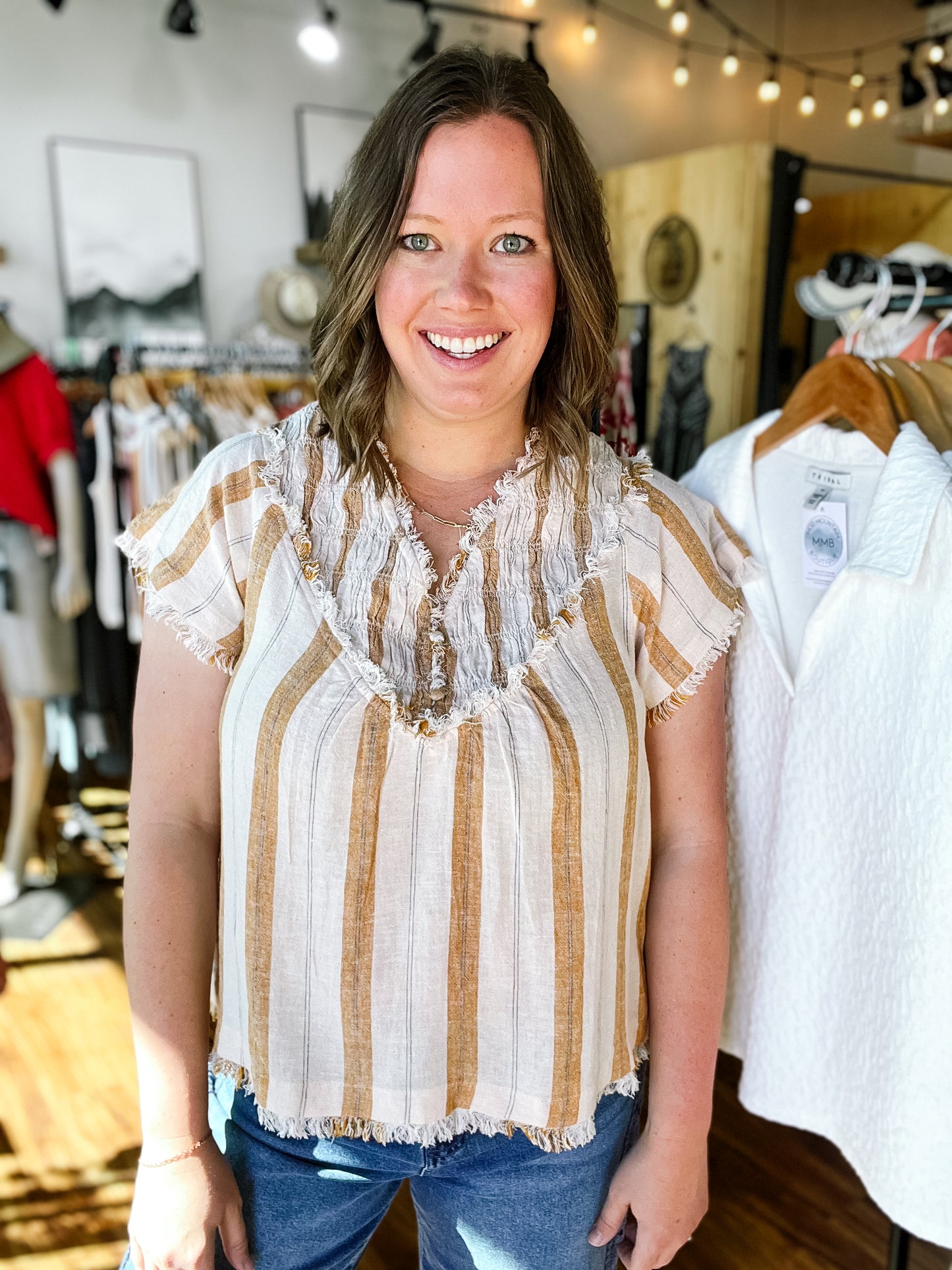 Tan Stripe Raw Edge Top