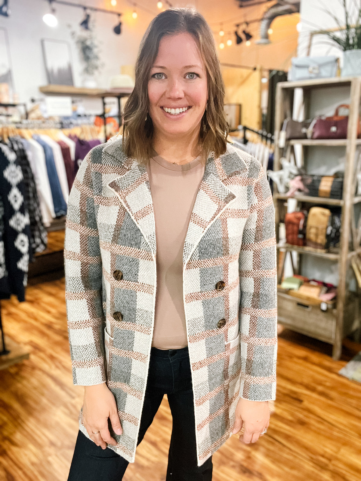 Taupe Checkered Open Front Cardigan