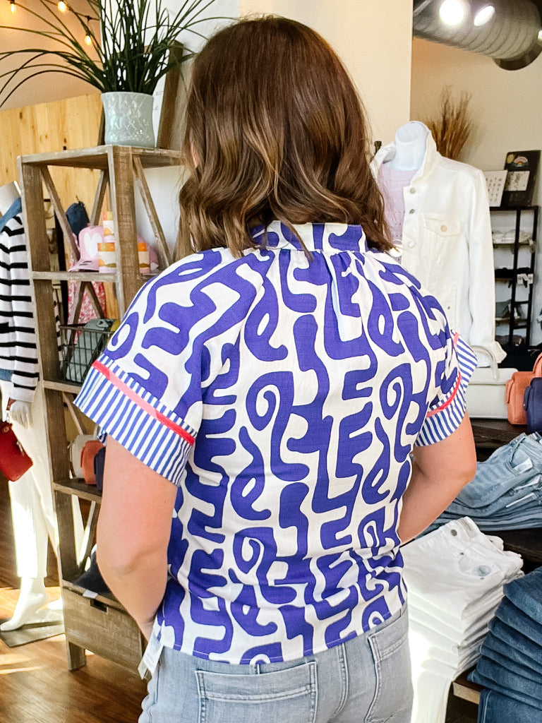 Cobalt Blue Abstract Short Sleeve Top