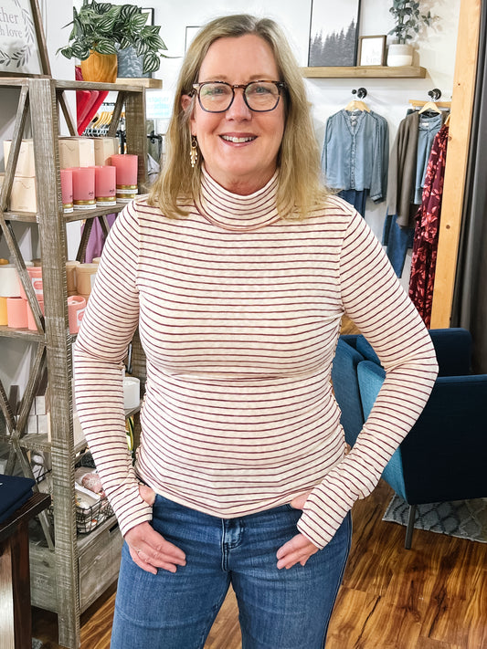 Ivory & Burgundy Stripe Thumb Hole Top