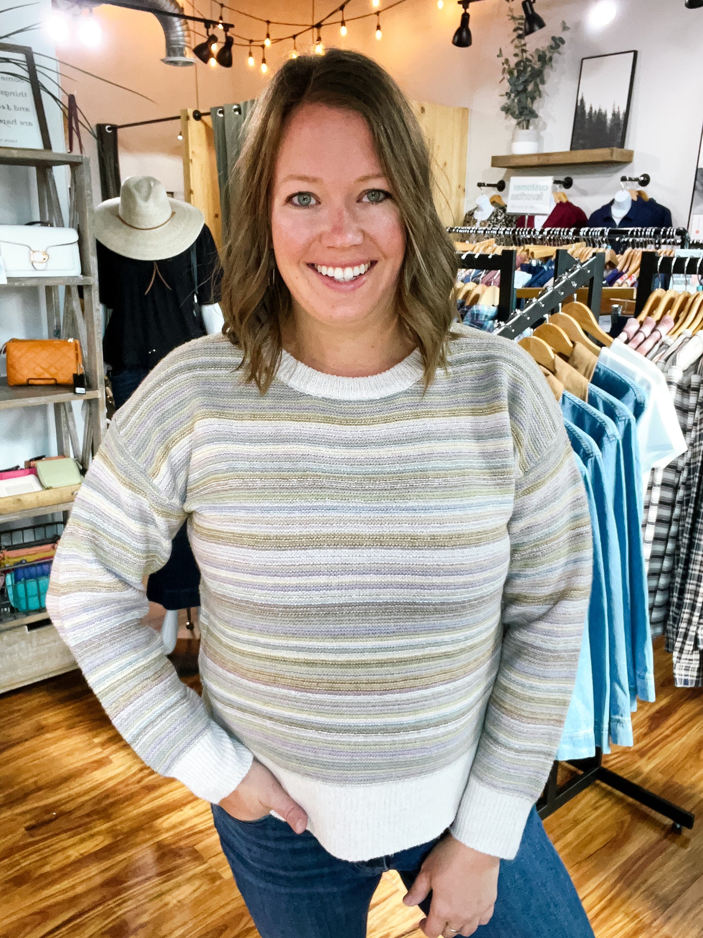 Oatmeal W/Pastel Stripes Sweater