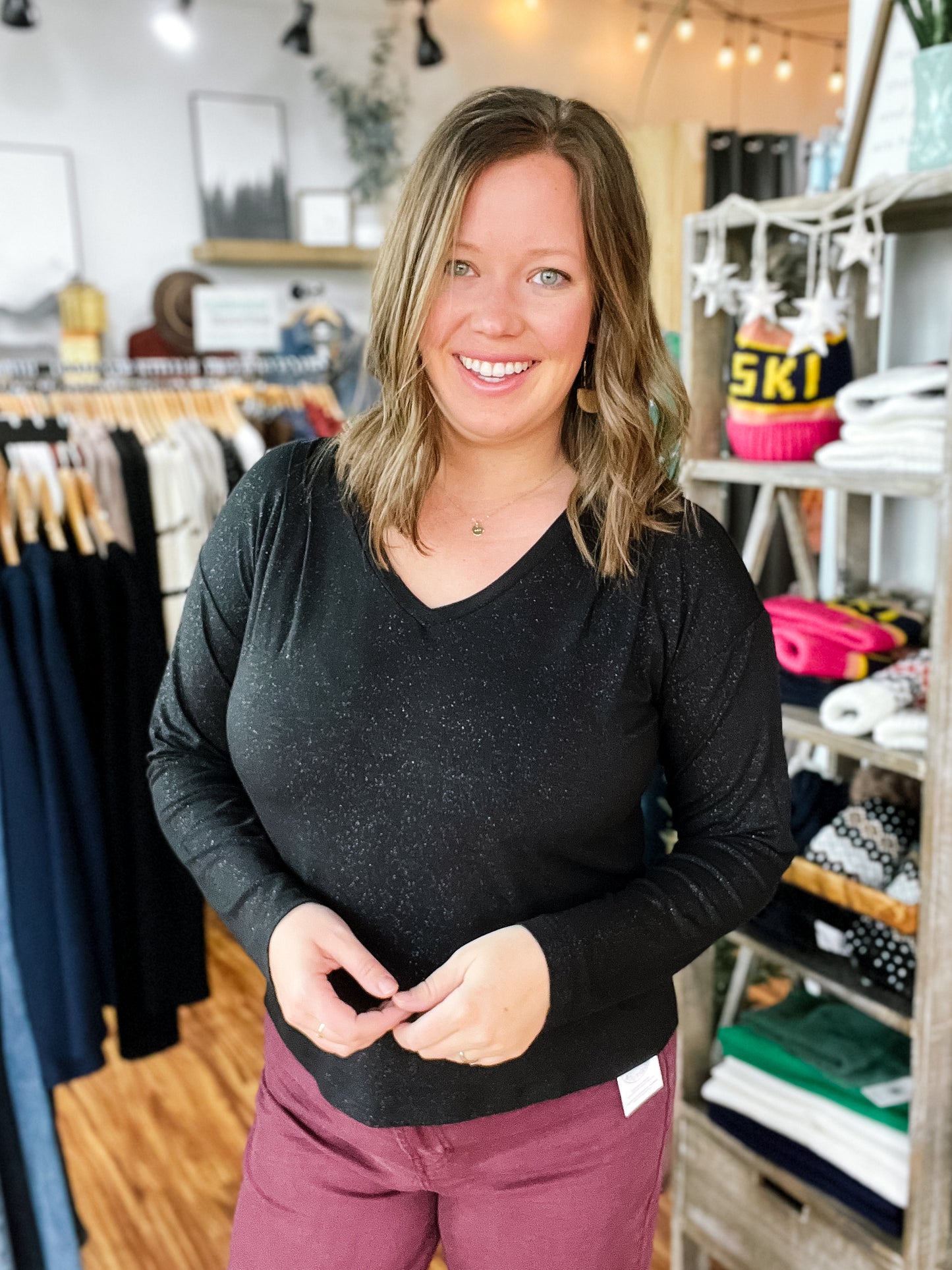 Black Sparkle V-neck Top