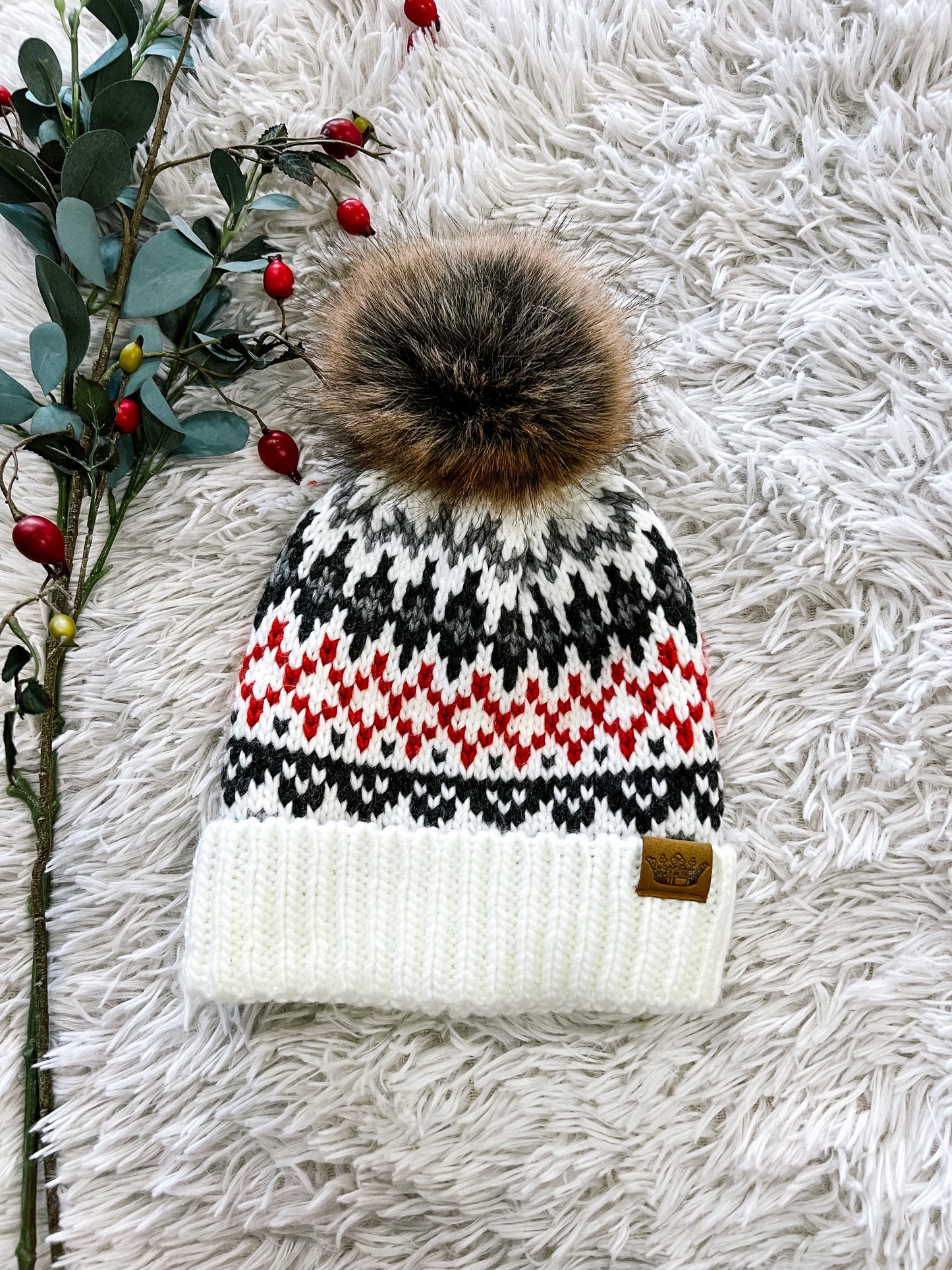 Ivory W/Gray & Red Pom Beanie