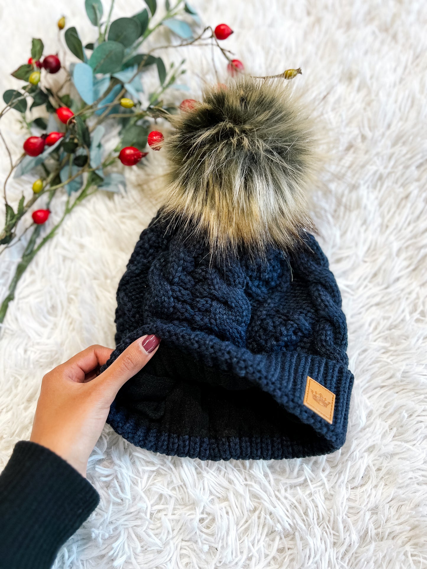 Navy Cable Pom Pom Beanie