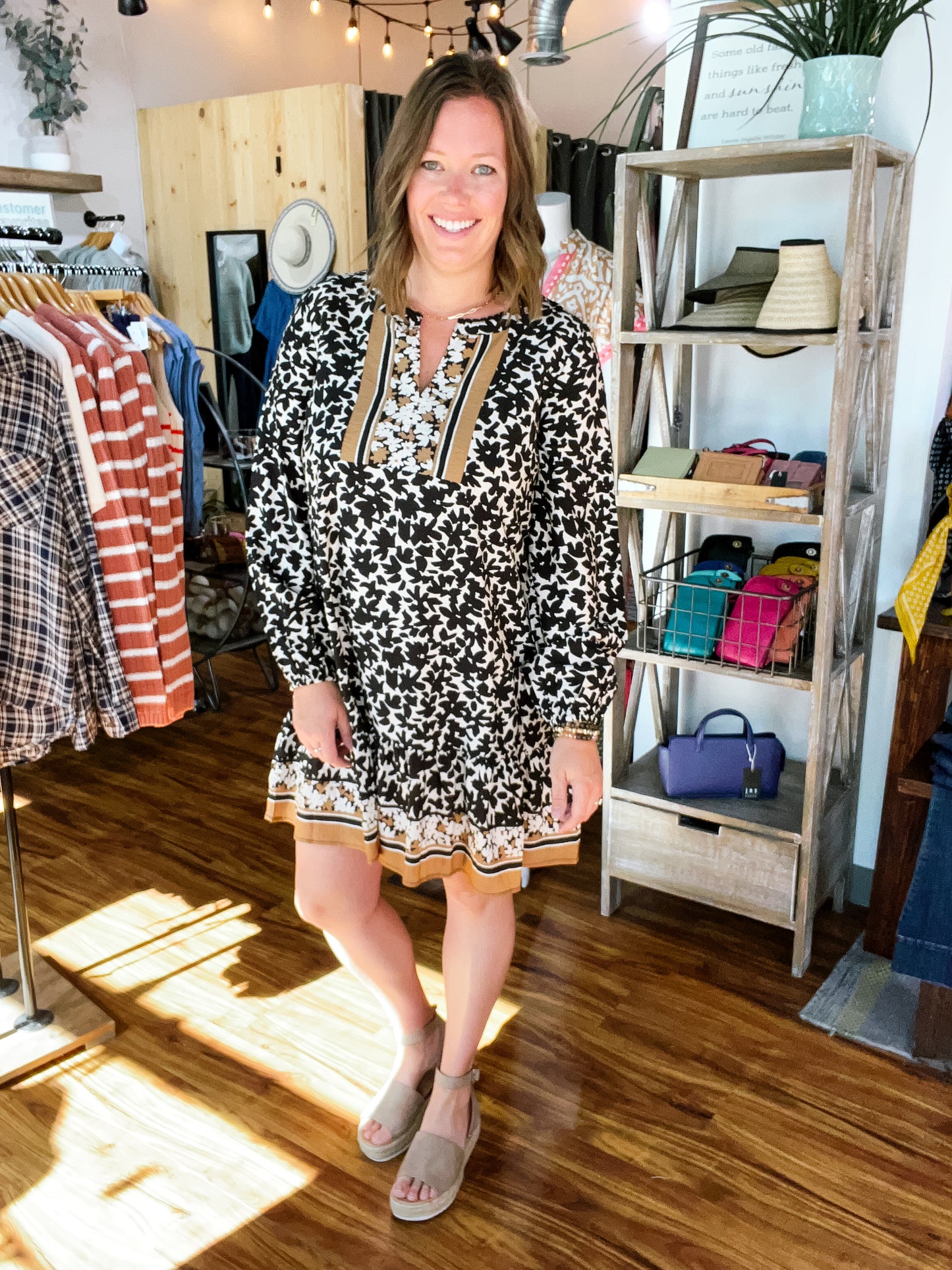 Black/Ivory Print Split Neck Dress