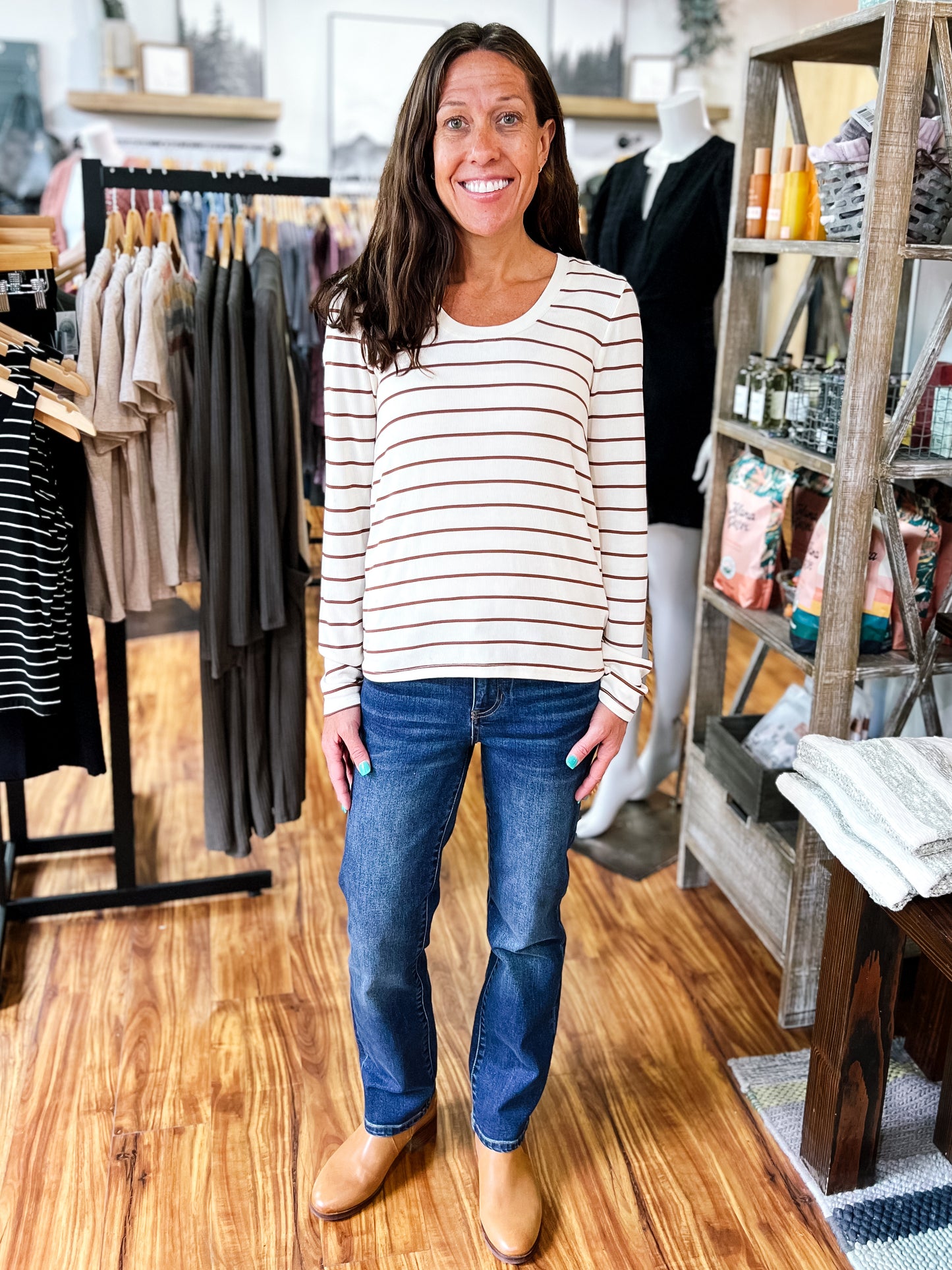 Off White W/Brown Stripe Scoop Neck Shirt