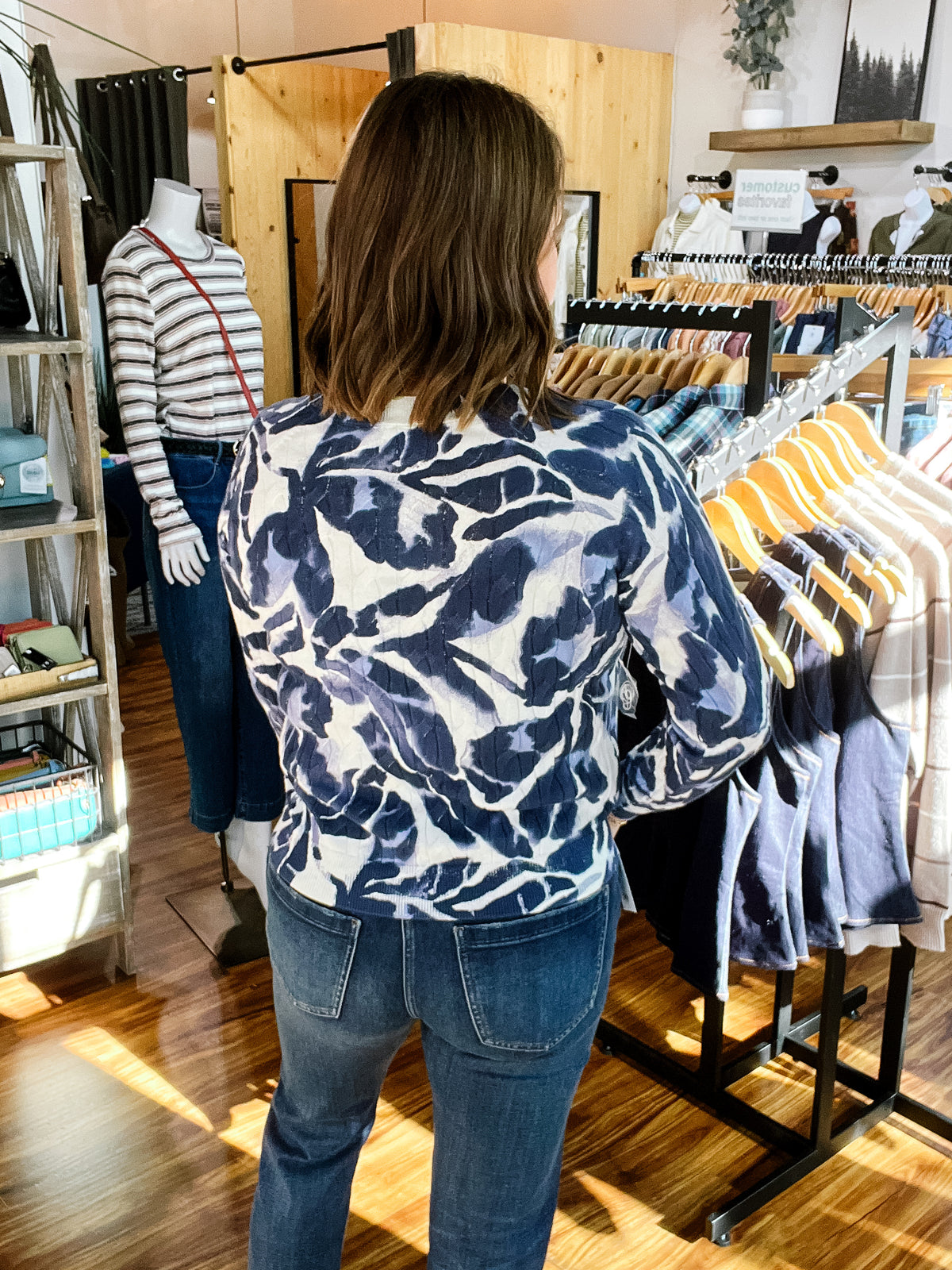 Blue & Cream Print Long Sleeve Sweater
