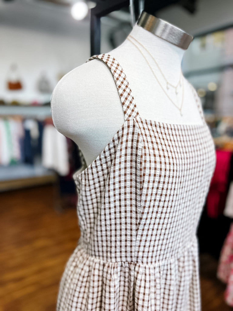 Brown Gingham Midi Dress