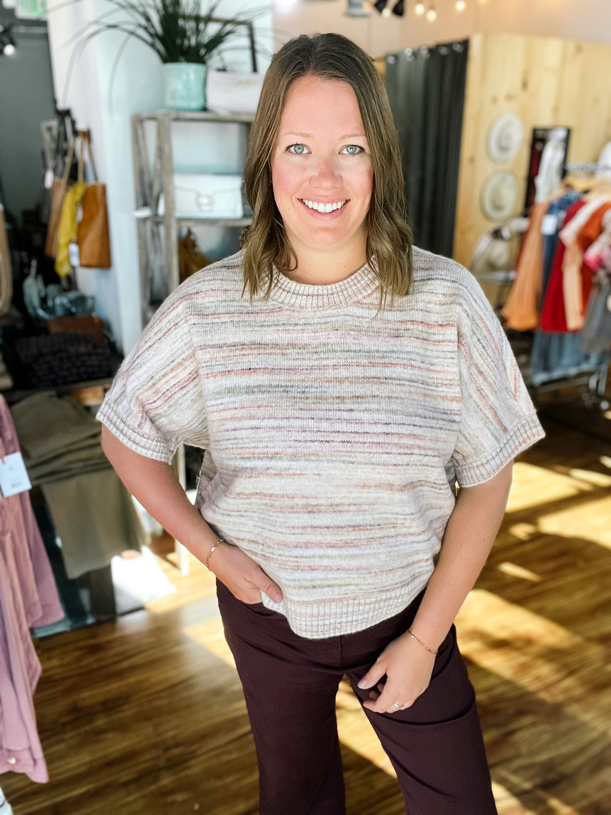 Pink & Purple Mixed Stripe Short Sleeve Sweater