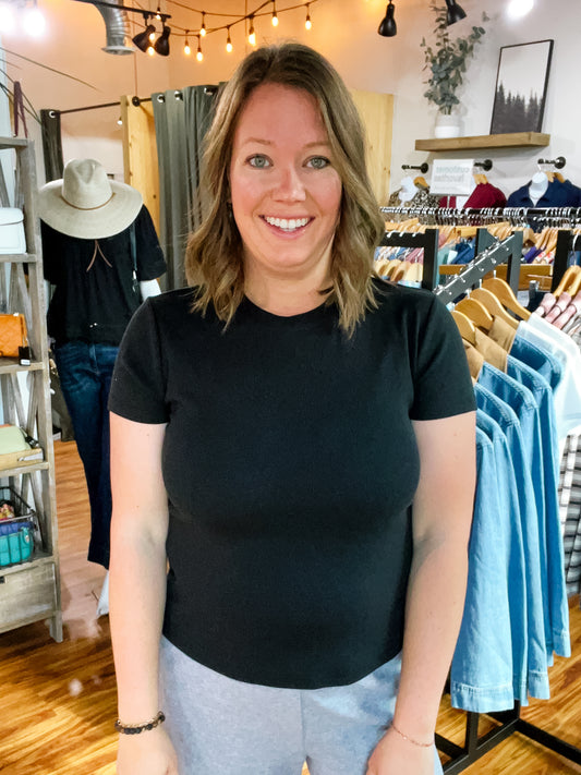 Black Ribbed Short Sleeve Top